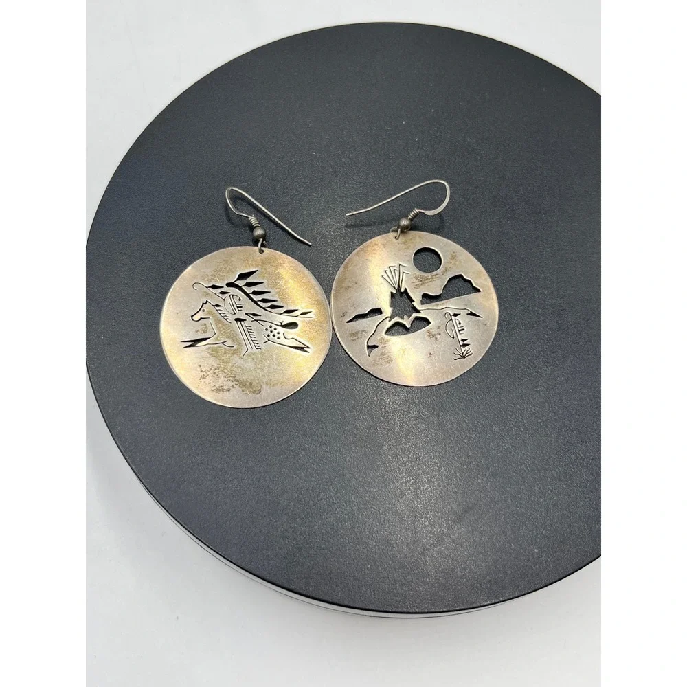 Vintage Sterling Southwestern Disc Earrings Horse Rider Mountain Bear Paw Hopi ?